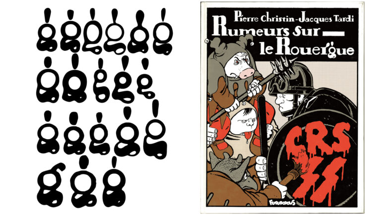 Sur la partie gauche du visuel on voit la lettre G de l'alphabet reproduite de multiples fois. sur la partie droite, la couverture d'un livre de Pierre Christin et Jacques Tardi aux éditions Futuropolis dont le titre Rumeurs sur le Rouergue, utilise l'alphabet Lenzbourg.